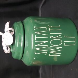 Rae Dunn NWT Deep Green Cookie Jar "SANTA'S FAVORITE ELF"